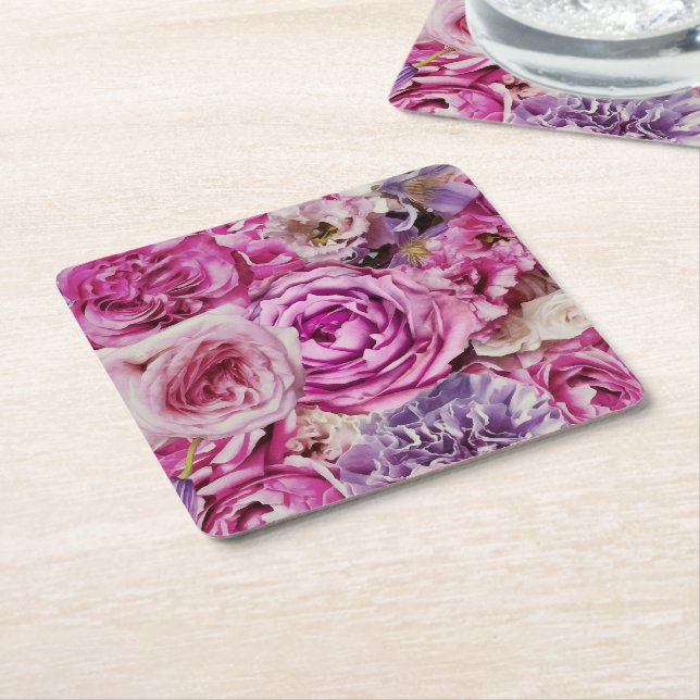 Pink White Lavender Rose Flowers Pattern Square Paper Coaster (Angled)