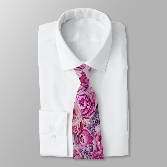 Pink White Lavender Rose Flowers Pattern Tie (Tied)