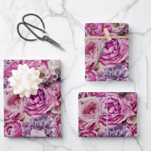 Pink White Lavender Rose Flowers Pattern Wrapping Paper Sheet