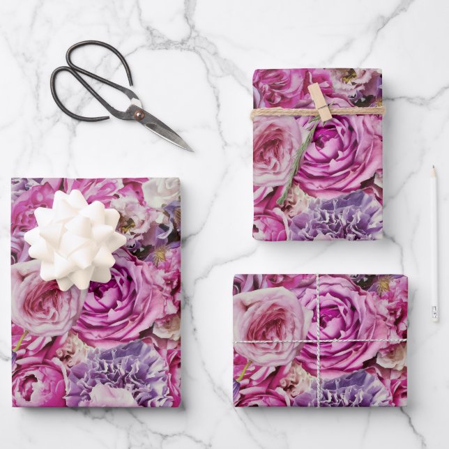 Pink White Lavender Rose Flowers Pattern Wrapping Paper Sheet (Front)