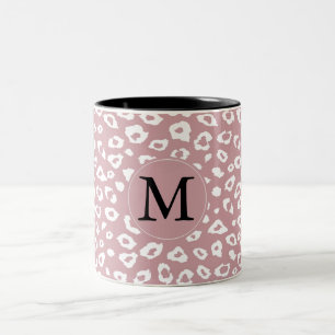 Pink White Leopard Print Monogram Two-Tone Coffee Mug