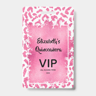 Pink White Leopard Quinceañera Invite VIP Pass ID Badge