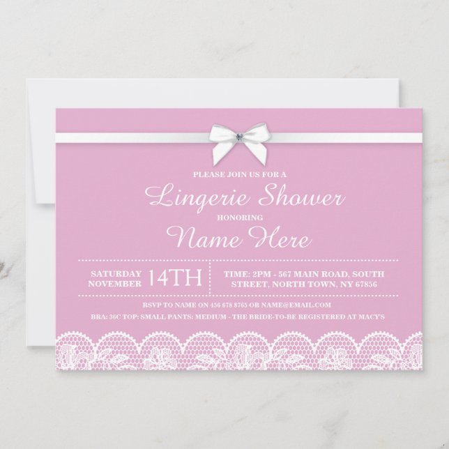Pink White Lingerie Bridal Shower Lace Invitation (Front)