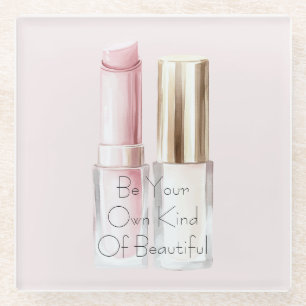 Pink White Lipstick Ivory Nail Polish Glass Coaster
