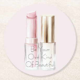 Pink White Lipstick Ivory Nail Polish Round Paper Coaster