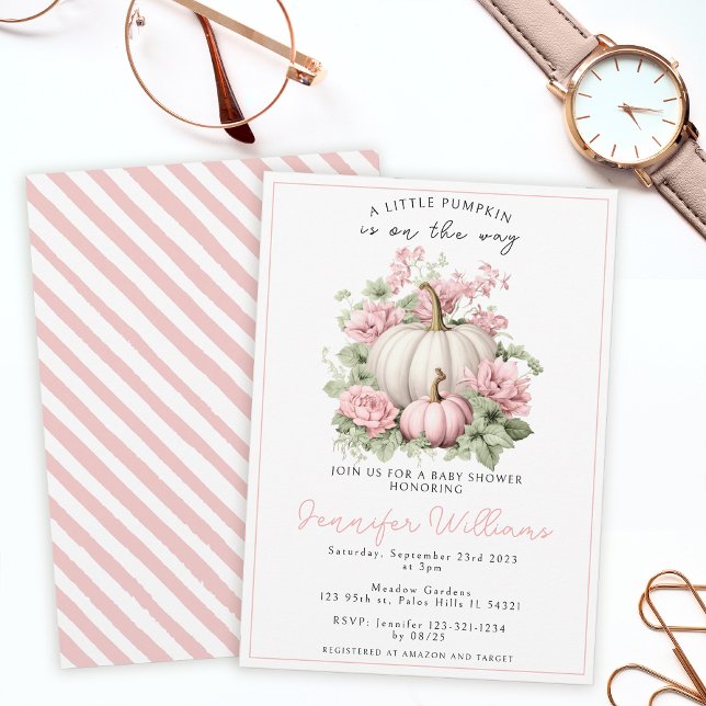 Pink white little pumpkin girl baby shower invitation (Creator Uploaded)