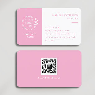 Pink White Logo QR Code Minimalist Modern Business Card