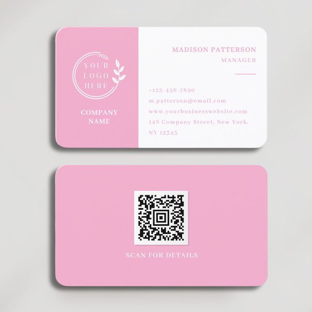 Pink White Logo QR Code Minimalist Modern Business Card (Creator Uploaded)