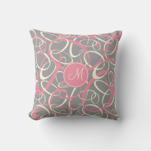 pink white loops on grey geometric pattern cushion