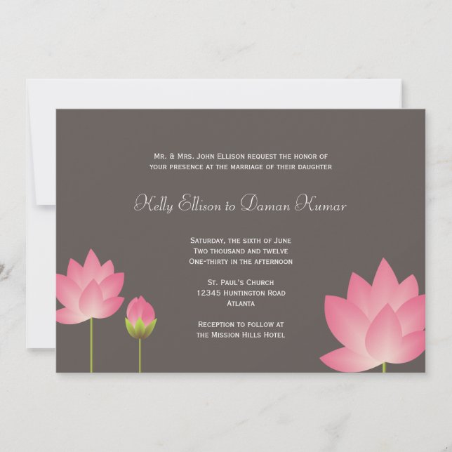 Pink white lotus flowers modern slate grey wedding invitation (Front)