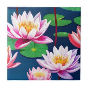 Pink White Lotus Water Lily Flowers & Green Leaves Ceramic Tile