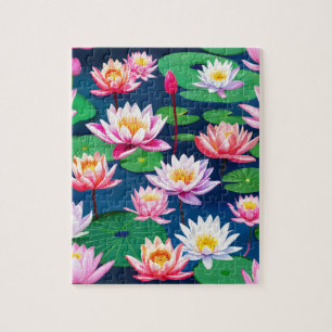Pink White Lotus Water Lily Flowers & Green Leaves Jigsaw Puzzle
