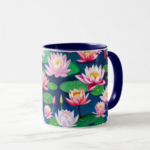 Pink White Lotus Water Lily Flowers & Green Leaves Mug