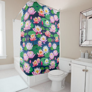 Pink White Lotus Water Lily Flowers & Green Leaves Shower Curtain