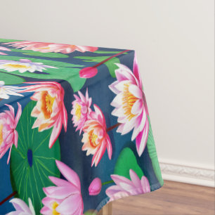 Pink White Lotus Water Lily Flowers & Green Leaves Tablecloth