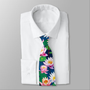 Pink White Lotus Water Lily Flowers & Green Leaves Tie