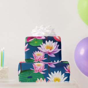Pink White Lotus Water Lily Flowers & Green Leaves Wrapping Paper