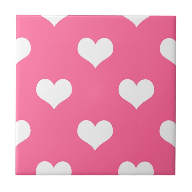 Pink White Love Heart Pattern Design  Ceramic Tile (Front)