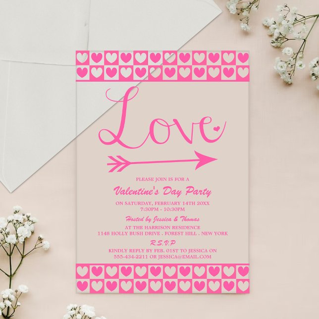 Pink & White Love Hearts Valentine's Day Party Acrylic Invitations (Creator Uploaded)
