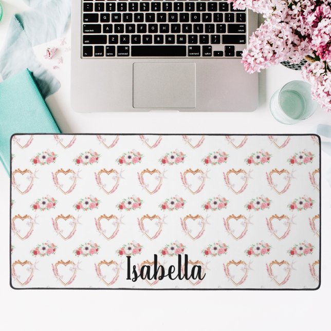 pink white Lovebirds flower hearts name scipt Desk Mat (Creator Uploaded)