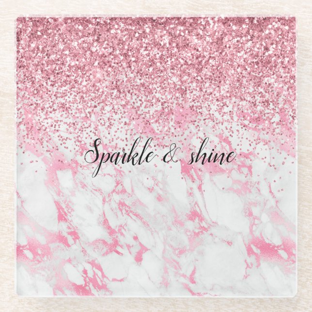 Pink White Marble Glitter                 Glass Coaster (Front)