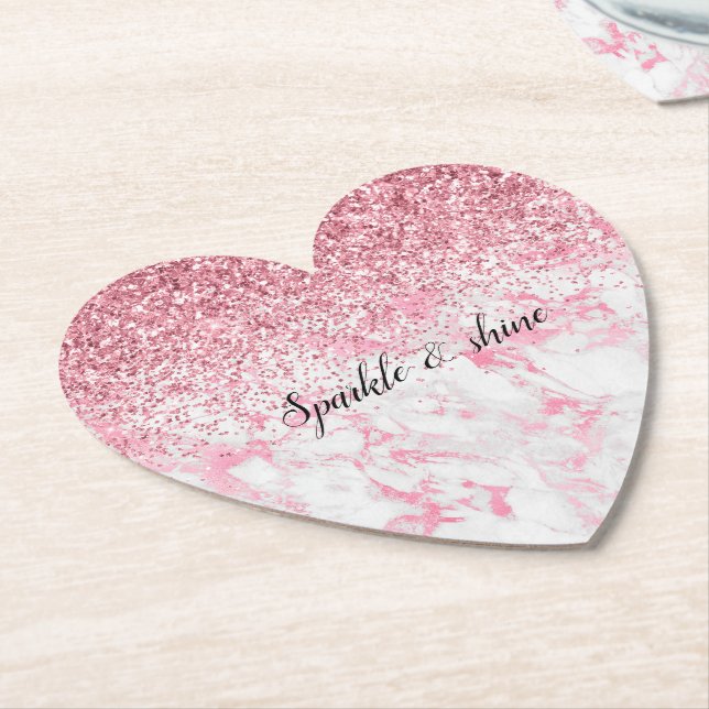 Pink White Marble Glitter               Paper Coaster (Angled)