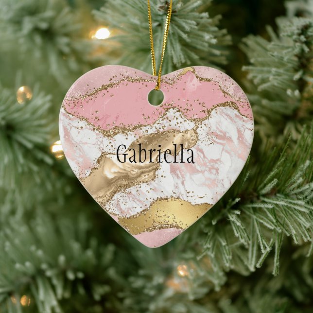 Pink White Marble Gold Glitter Ceramic Ornament (Tree)