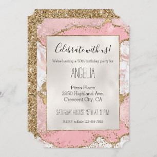 Pink White Marble Gold Glitter Invitation