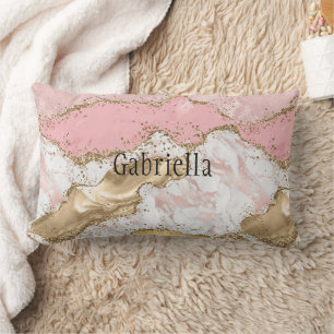 Pink White Marble Gold Glitter Lumbar Cushion