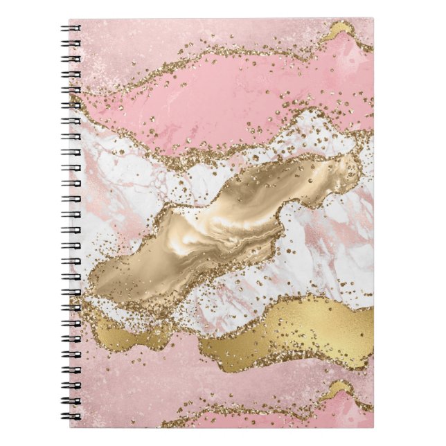 Pink White Marble Gold Glitter Notebook (Front)