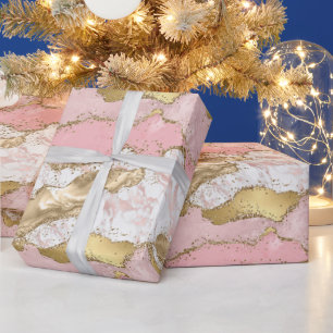Pink White Marble Gold Glitter Wrapping Paper