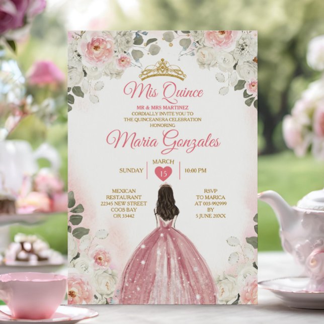 Pink & White Mis Quince 15 Anos Gold Crown Invitation (Creator Uploaded)
