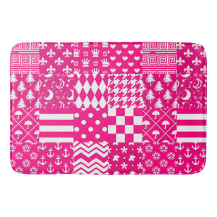 Pink White Mixed Patterns Patchwork Design  Bath Mat