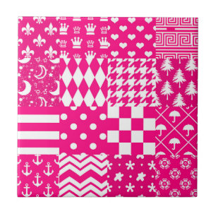 Pink White Mixed Patterns Patchwork Design  Ceramic Tile