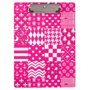 Pink White Mixed Patterns Patchwork Design Clipboard