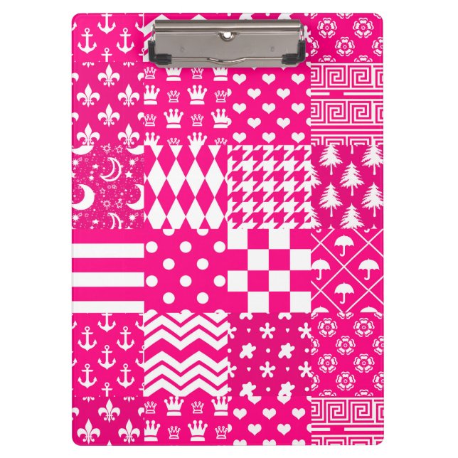 Pink White Mixed Patterns Patchwork Design  Clipboard (Front)
