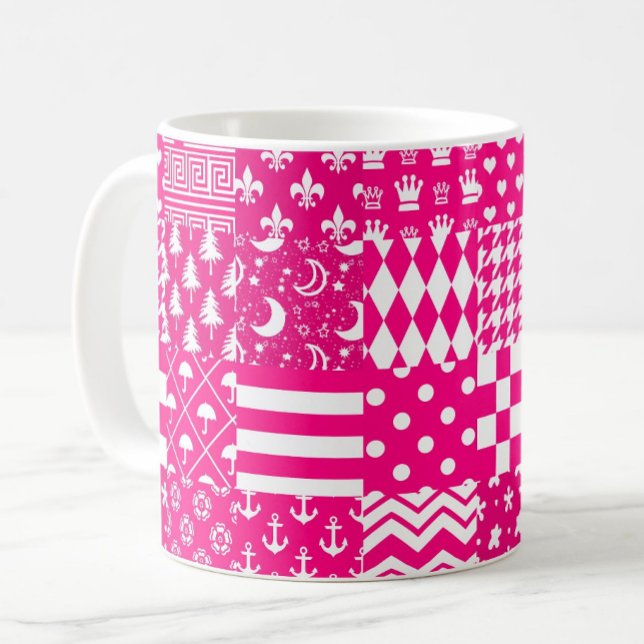 Pink White Mixed Patterns Patchwork Design  Coffee Mug (Creator Uploaded)