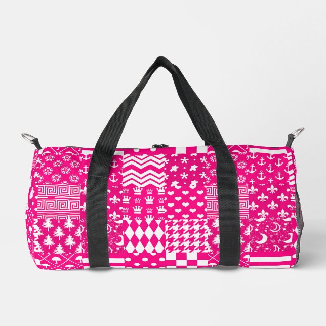 Pink White Mixed Patterns Patchwork Design  Duffle Bag (Front)