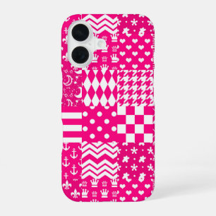 Pink White Mixed Patterns Patchwork Design iPhone 16 Case