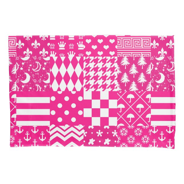 Pink White Mixed Patterns Patchwork Design  Pillowcase (Front)