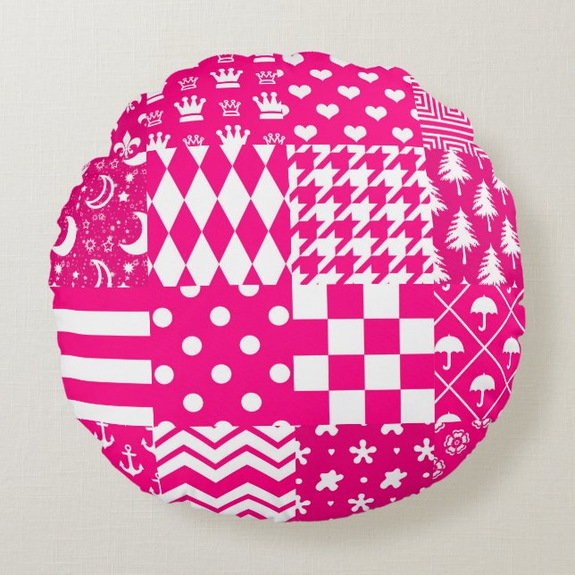Pink White Mixed Patterns Patchwork Design  Round Cushion (Front)