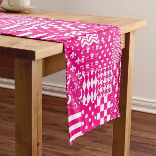 Pink White Mixed Patterns Patchwork Design  Short Table Runner (Creator Uploaded)