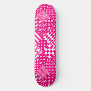 Pink White Mixed Patterns Patchwork Design Skateboard