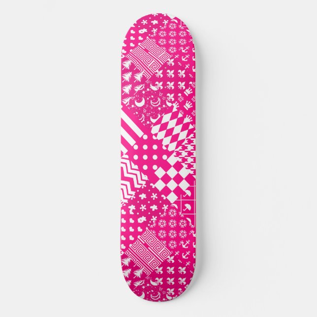 Pink White Mixed Patterns Patchwork Design  Skateboard (Front)