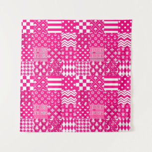 Pink White Mixed Patterns Patchwork Design Tapestry