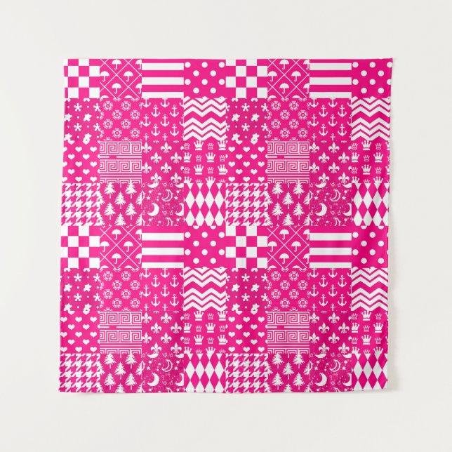 Pink White Mixed Patterns Patchwork Design  Tapestry (Front)