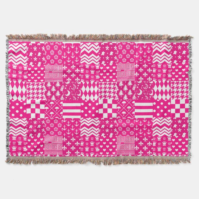 Pink White Mixed Patterns Patchwork Design  Throw Blanket (Front)