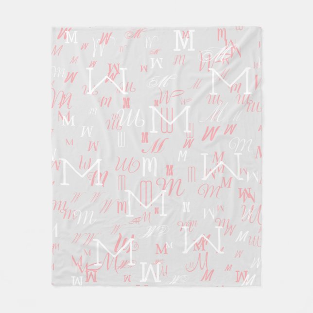 Pink/white modern monogrammed grey fleece blanket (Front)