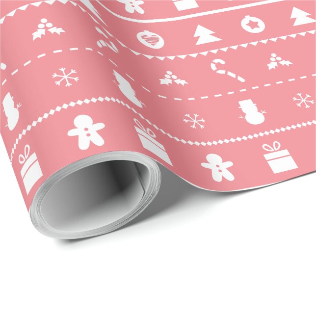 Pink White Modern Stylish Christmas Icons Wrapping Paper (Roll Corner)