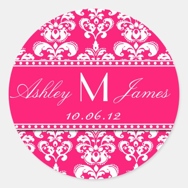 Pink White Monogram Damask Save the Date Stickers (Front)